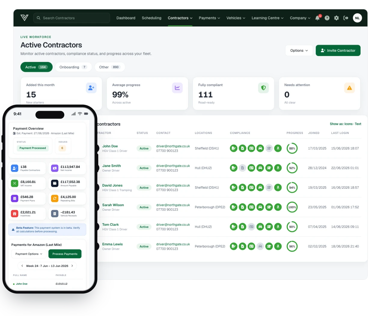The Verion live workforce board: every active contractor with compliance status and onboarding progress