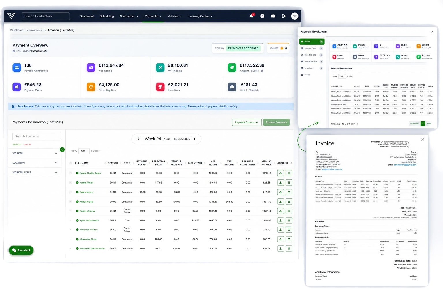 The Verion payments dashboard: a full pay run with payable totals and a self-bill invoice opening as a connected detail panel